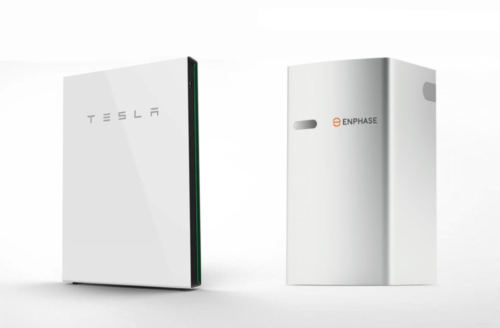 Two battery power banks side by side. Tesla and Enphase