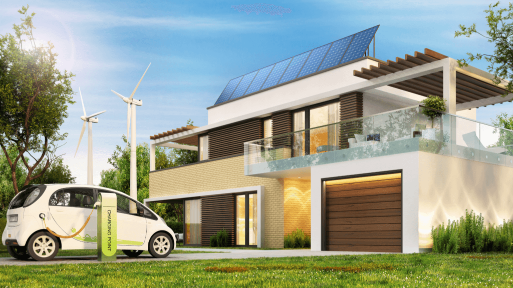 3 Reasons We Moved Beyond Obsessing Over Solar Brands 19 An electric car parked in front of a house with wind turbines.