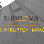 Sunnova logo with "Bankruptcy Impact" text over a background of solar panels; Forme Solar Electric and Enver Solar logos in the upper left, highlighting effects on leading solar companies.