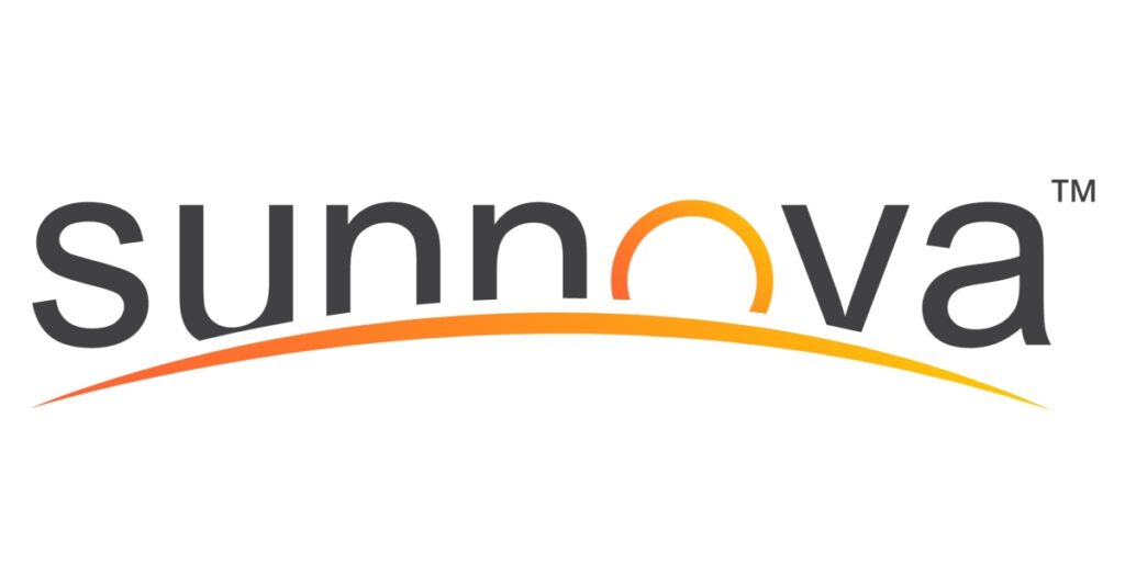 The Sunnova logo, like those of leading solar companies such as Enver Solar, features the word "sunnova" in lowercase letters, with an orange arc forming the "o" and a gradient line beneath.