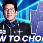 A man in glasses and a "for me solar" hoodie stands next to several solar panels with the text "HOW TO CHOOSE" at the bottom.
