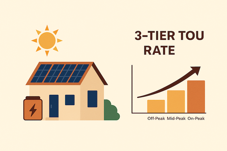 Illustration of a solar-powered house with battery beside a 3-tier TOU rate bar graph labeled Off-Peak, Mid-Peak, and On-Peak, highlighting rising rates and how solar can impact your real cost and payback period.