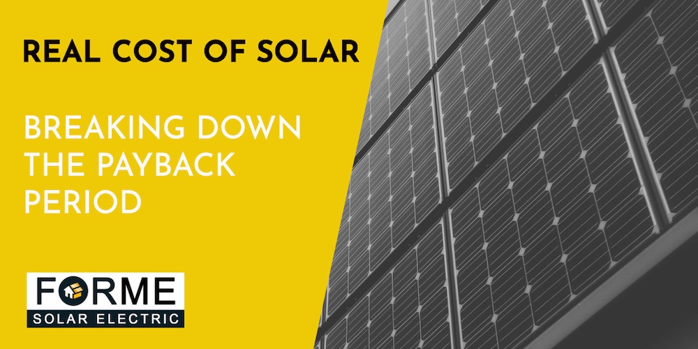 Yellow and gray graphic with text "Real Cost of Solar: Breaking Down the Solar Payback Period" and a photo of solar panels. Highlights how understanding the cost of solar helps maximize your solar ROI. Includes the FORME Solar Electric logo.
